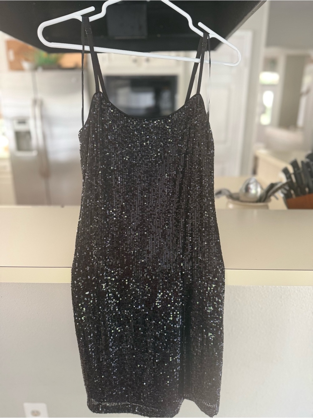 Black Sequin Slip Dress with Price Tag